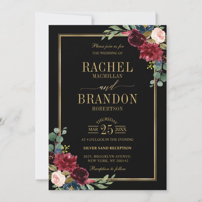 Invitation Bourgogne Floral Gold Navy Bleu Rustique Mariage I (Devant)