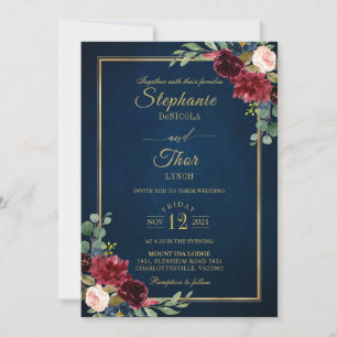 Invitation Bourgogne Floral Gold Navy Bleu Rustique Mariage I