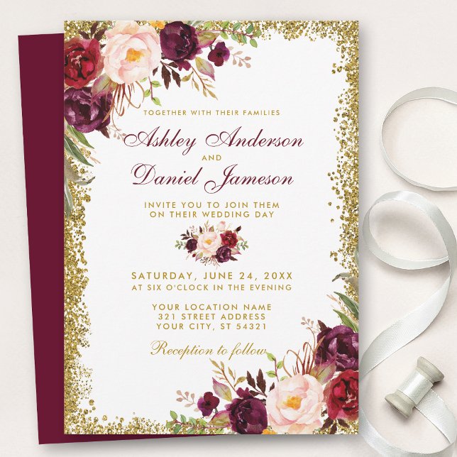 Invitation Bourgogne Floral Gold Parties scintillant Faire-pa (Customize to change text color, style, add text & photos to back or change color of back of card.)