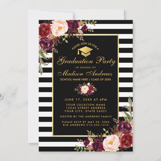 Invitation Bourgogne Floral Gold Striped Party (Devant)