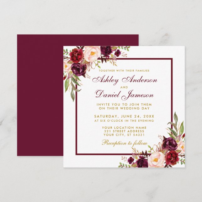 Invitation Bourgogne Floral Gold Wedding Invite Card B (Devant / Derrière)