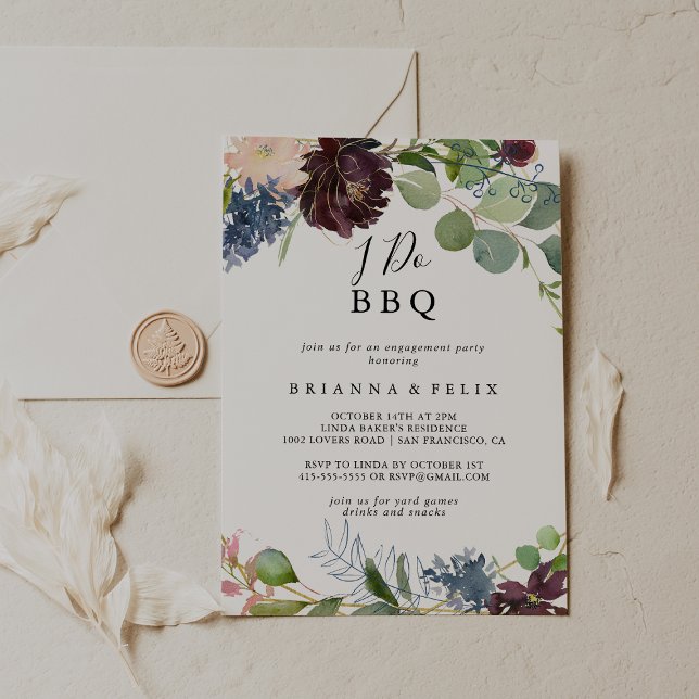 Invitation Bourgogne Floral Green I Do BBQ Engagement Party (Créateur téléchargé)