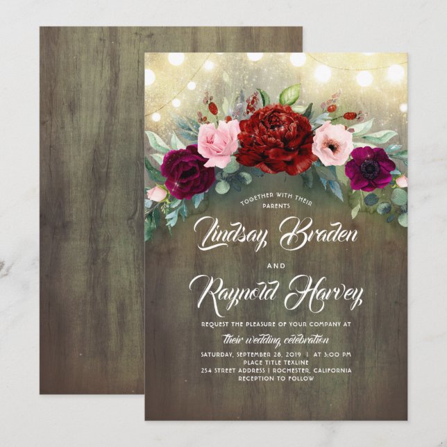 Invitation Bourgogne Floral Greenery Garland Rustic Mariage (Devant / Derrière)