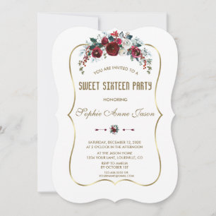 Invitation Bourgogne Floral Hivernal Or Rose Seize Ans