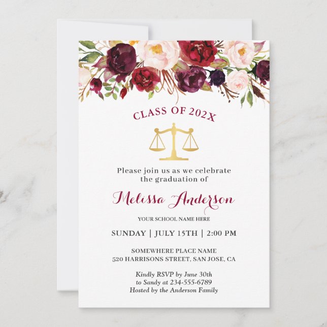 Invitation Bourgogne Floral Law School Graduation Party (Devant)