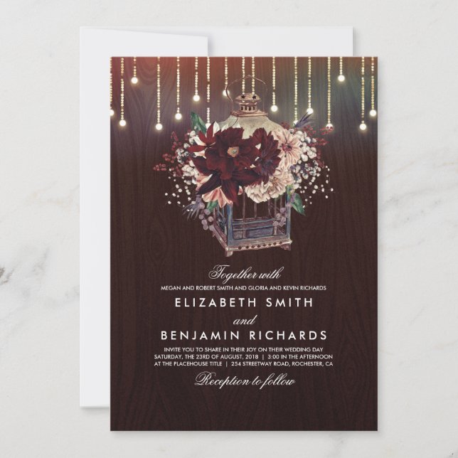 Invitation Bourgogne Floral Lumières Mariage en bois rustique (Devant)