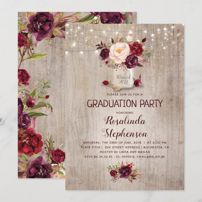 Invitation Bourgogne Floral Mason Jar Rustic Graduation Party (Devant / Derrière)