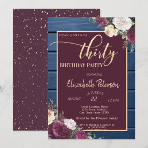 Invitation Bourgogne Floral Navy Blue Wood 30e anniversaire