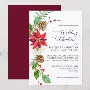 Invitation Bourgogne Floral Noël Or Hiver Holly Berry