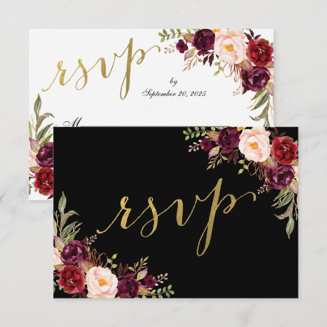 Invitation Bourgogne Floral Noir Faux Papier Doré Mariage RSV (Devant / Derrière)
