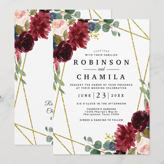 Invitation Bourgogne Floral Or Mariage de verdure géométrique (Devant / Derrière)