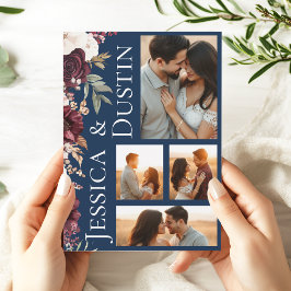 Invitation Bourgogne Floral Photo Collage Mariage bleu marine