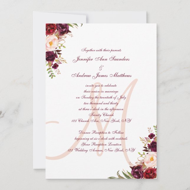 Invitation Bourgogne floral rougissent mariage élégant de (Dos)