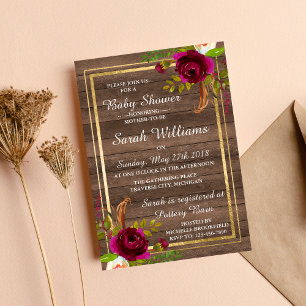 Invitation Bourgogne Floral Rustic Baby shower Rose or
