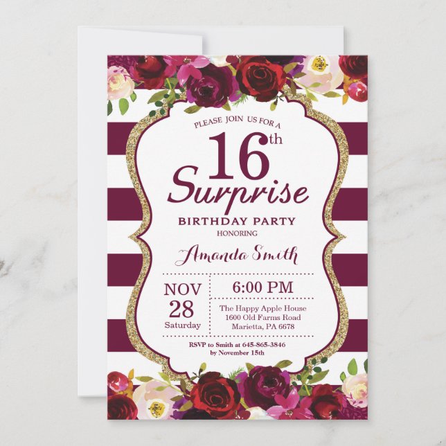 Invitation Bourgogne Floral Surprise 16ème anniversaire (Devant)