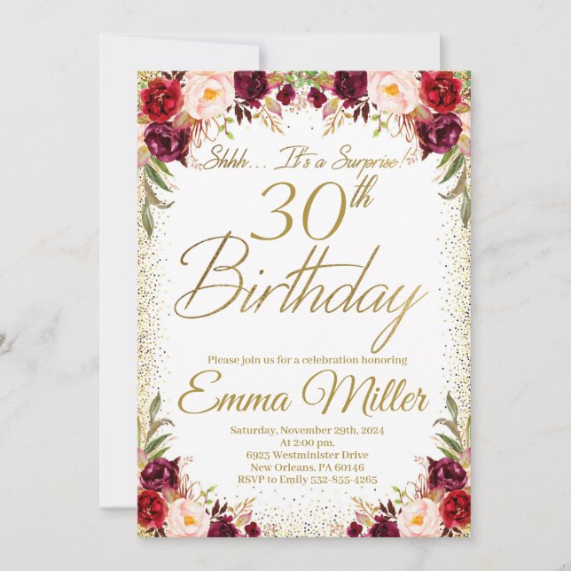 Invitation Bourgogne Floral Surprise 30e anniversaire (Devant)