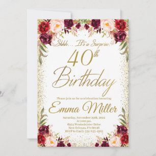 Invitation Bourgogne Floral Surprise 40e anniversaire