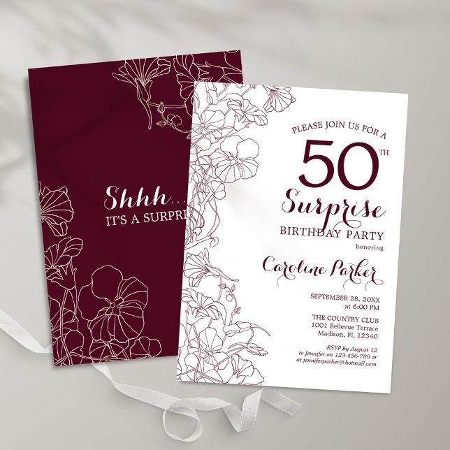 Invitation Bourgogne Floral Surprise 50e fête d'anniversaire (Créateur téléchargé)