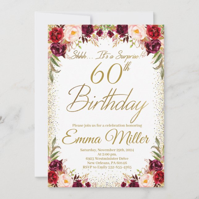Invitation Bourgogne Floral Surprise 60e anniversaire (Devant)