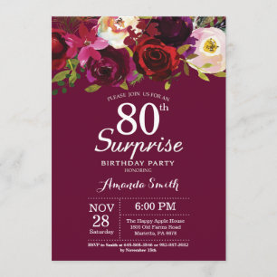 Invitation Bourgogne Floral Surprise 80e fête d'anniversaire