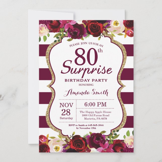 Invitation Bourgogne Floral Surprise 80e fête d'anniversaire (Devant)