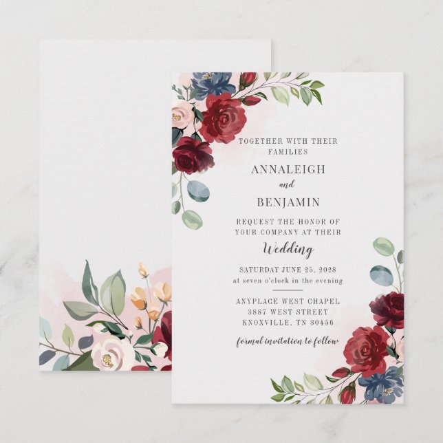 Invitation Bourgogne Floral verdure Mariage de feuillage (Devant / Derrière)