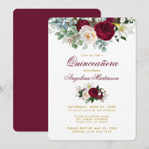 Invitation Bourgogne Floral Verdure Or Quinceanera