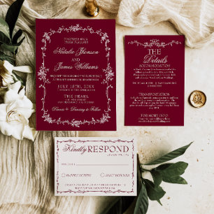 Invitation Bourgogne Florale Chic Ancien Argent Herbal Mariag