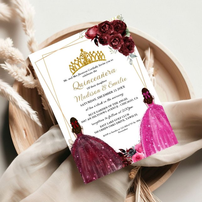 Invitation Bourgogne & Fuchsia Papillon jumeau Quinceanera (Créateur téléchargé)