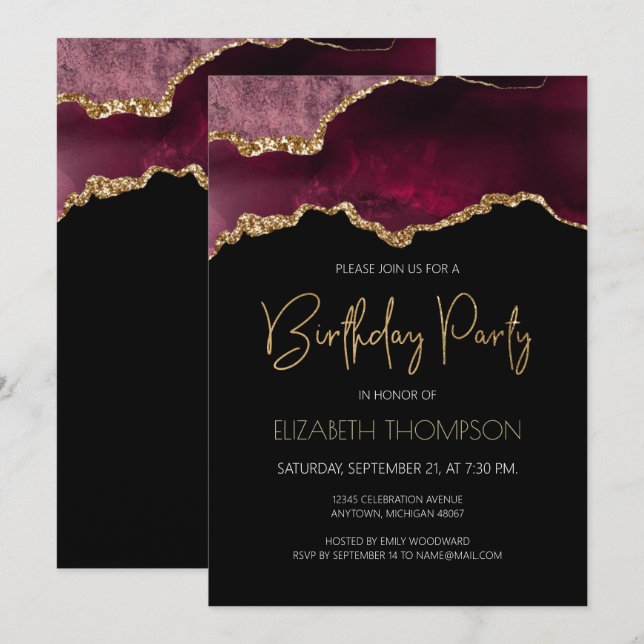 Invitation Bourgogne Géode doré Agate Chaque année Anniversai (Devant / Derrière)