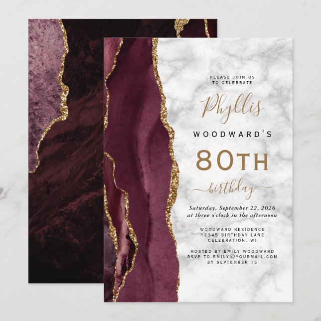 Invitation Bourgogne Gold Agate Marbre 80e fête d'anniversair (Devant / Derrière)