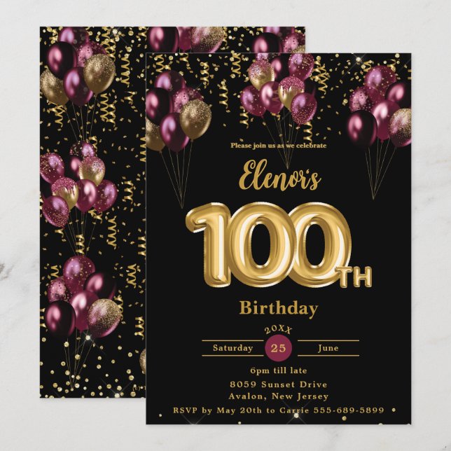 Invitation Bourgogne Gold Balloons Confetti 100e anniversaire (Devant / Derrière)