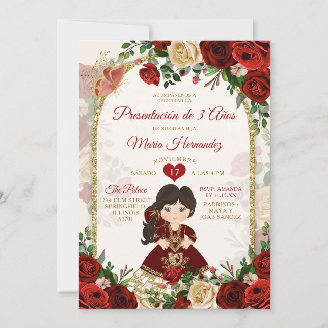 Invitation Bourgogne Gold Boho Espagnol Tres Añ os Floral (Devant)