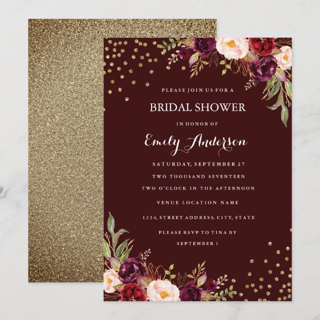 Invitation Bourgogne Gold Confetti Floral Fall Fête des marié (Devant / Derrière)