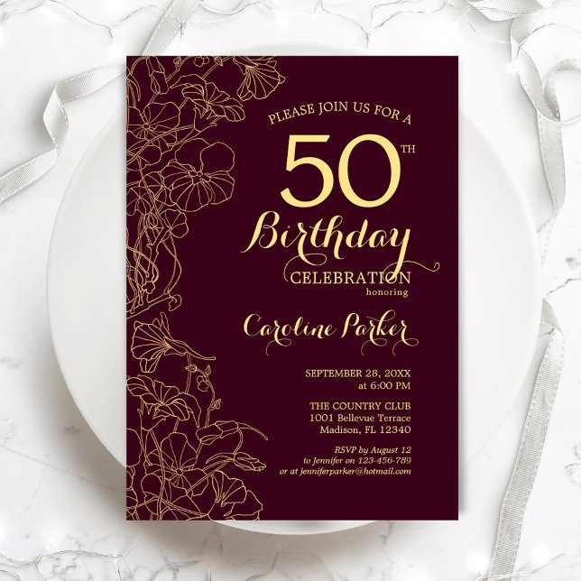 Invitation Bourgogne Gold Floral 50e fête d'anniversaire (Créateur téléchargé)