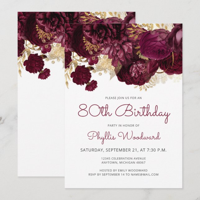 Invitation Bourgogne Gold Floral 80e fête d'anniversaire (Devant / Derrière)
