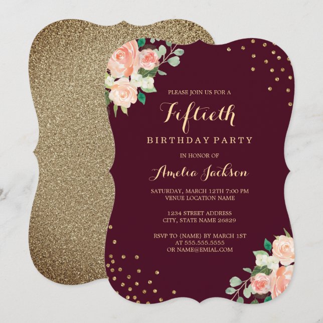 Invitation Bourgogne Gold Floral Confetti 50e fête d'annivers (Devant / Derrière)