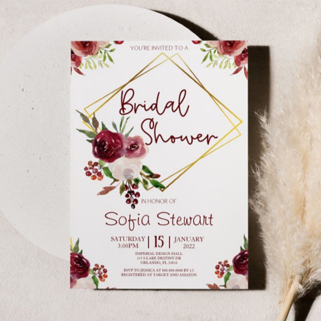 Invitation Bourgogne Gold Floral Fête des mariées de cadre (Créateur téléchargé)