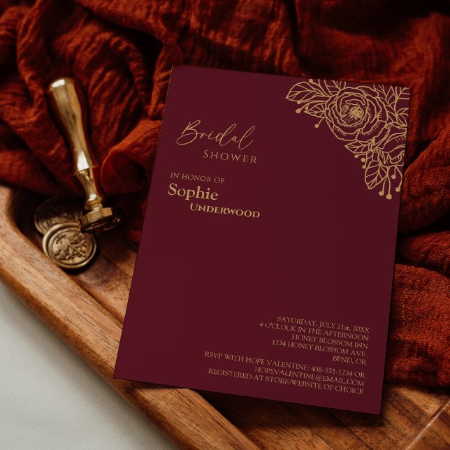 Invitation Bourgogne Gold Floral Mariage Fête des mariées (Créateur téléchargé)