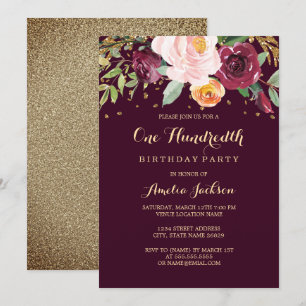 Invitation Bourgogne Gold Floral Parties scintillant 100e fêt