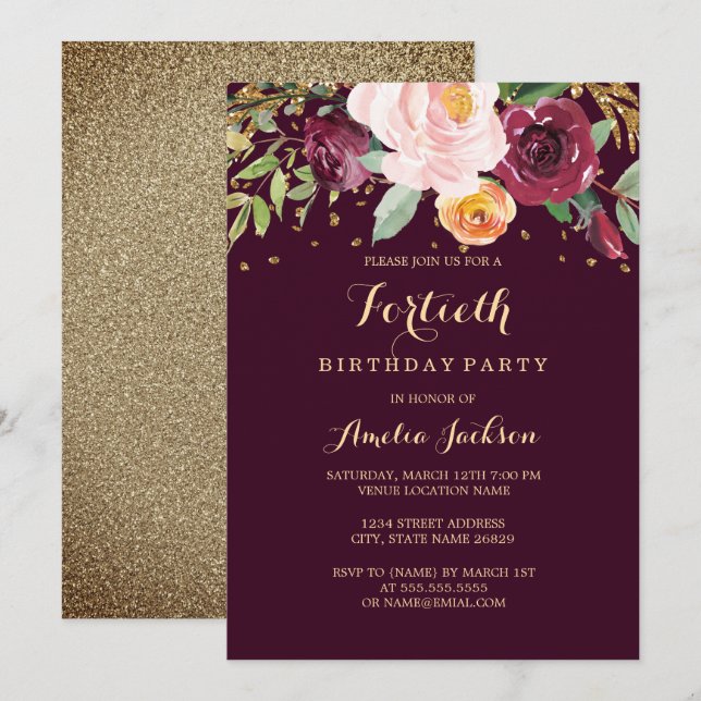 Invitation Bourgogne Gold Floral Parties scintillant 40e fête (Devant / Derrière)