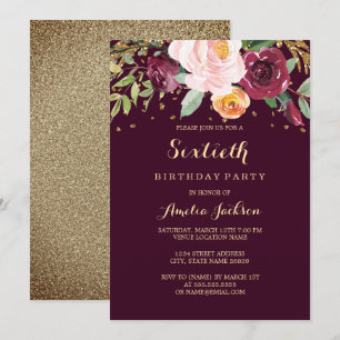 Invitation Bourgogne Gold Floral Parties scintillant 60e fête
