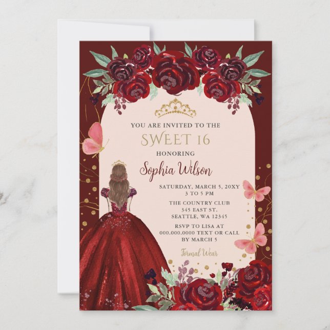Invitation Bourgogne Gold Floral Princess Sweet 16 (Devant)