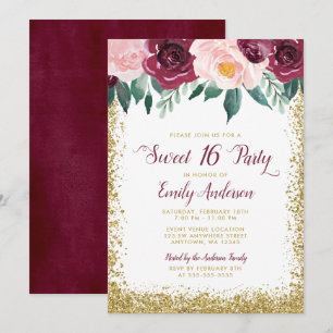 Invitation Bourgogne Gold Floral Sweet 16 Party