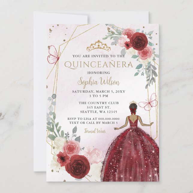 Invitation Bourgogne Gold Floral Tan Princess Quinceañera (Devant)