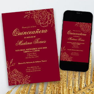 Invitation Bourgogne Gold Outline Fleurs Floral Quinceanera