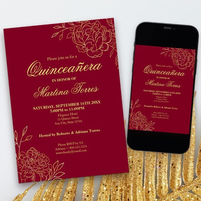 Invitation Bourgogne Gold Outline Fleurs Floral Quinceanera (Red and Gold Quinceanera Invitation, from my Gold Sketched Floral collection
)