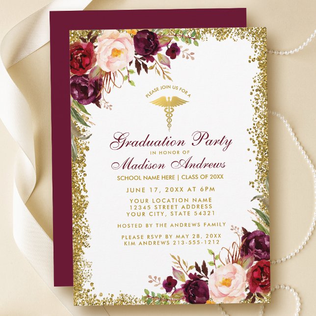 Invitation Bourgogne Gold Parties scintillant Médicale Grad P (Customize to change text color, style, add text & photos to back or change color of back of card.)