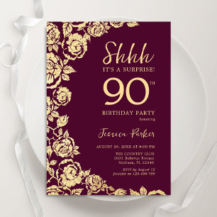 Invitation Bourgogne Gold Roses Surprise 90e anniversaire