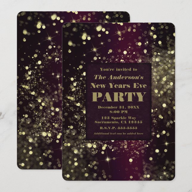 Invitation Bourgogne Gold scintillant Nouvel An Sove Party (Devant / Derrière)